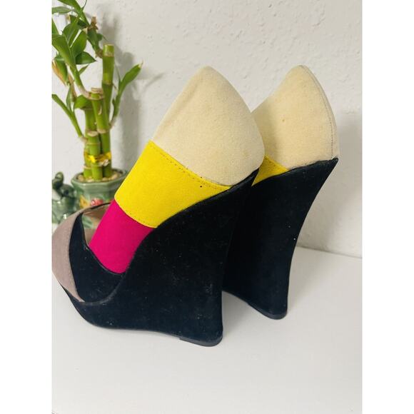 Pre-Owned Alba Color Black Yellow 5" High Heel Open Toe Wedges SZ 6 Disco - Picture 5 of 8